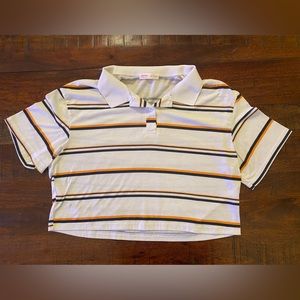 ROMWE, Striped Polo Crop Tee, White, Size M